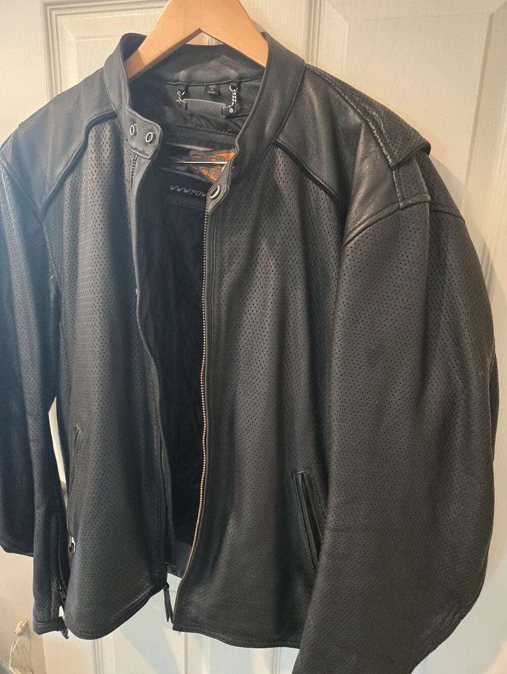 Men's Black Perforated Leather Jacket - Sporty Zip Front XXL